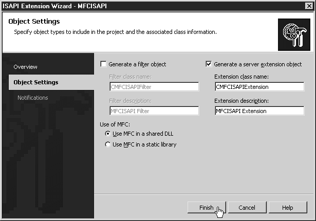 Область Object Settings (Параметры объекта) мастера расширения ISAPI с проектом ISAPI по умолчанию.