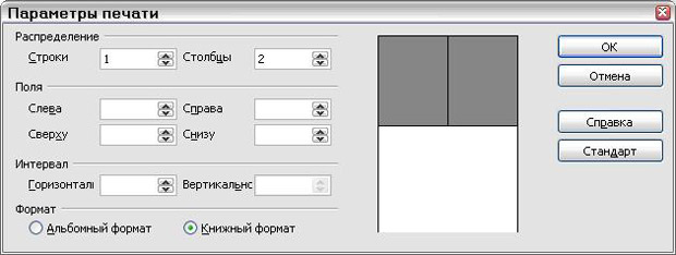 Окно Параметры печати: вид страницы