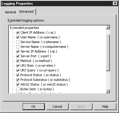 Окно Extended Logging Options (Расширенные параметры ведения журнала)