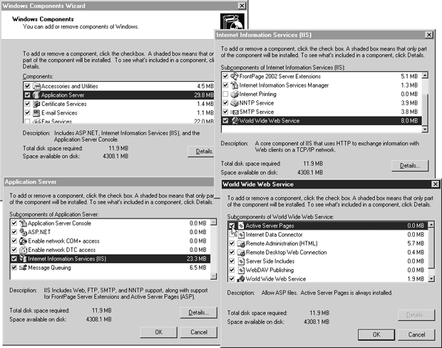 Установка поддержки ASP в мастере компонентов Windows