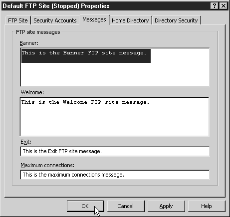 Вкладка Messages (Сообщения) окна свойств FTP-сайта