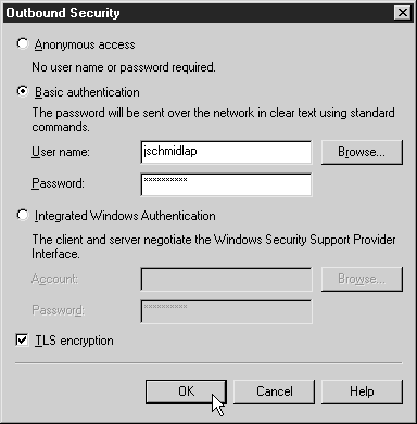 Диалоговое окно Outbound Security (Безопасность исходящих сообщений)