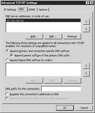 Вкладка DNS окна Advanced TCP/IP Settigns (Дополнительные параметры TCP/IP).