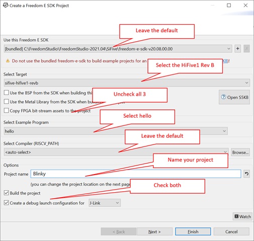 Мастер создания проекта Freedom Studio, показывающий рекомендуемые настройки для проекта Blinky