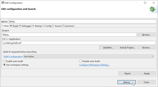Диалоговое окно настройки отладки