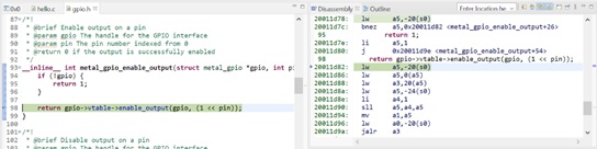 Функция metal_gpio_enable_output() при пошаговом выполнении 