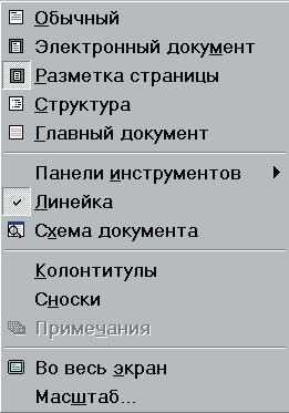 Это меню показывает, что в окне присутствует линейка, и документ находится в режиме разметки