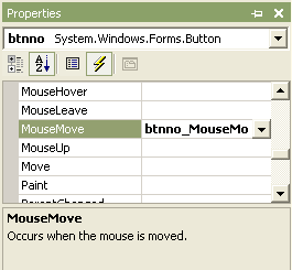 Событие MouseMove для кнопки btnno Надпись на информационной панели — "Происходит, когда мышь перемещается"