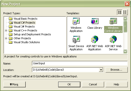 Проект UserInput, шаблон проекта — Windows Control Library