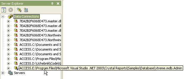 В окне Server Explorer выводятся все созданные подключения к базам данных