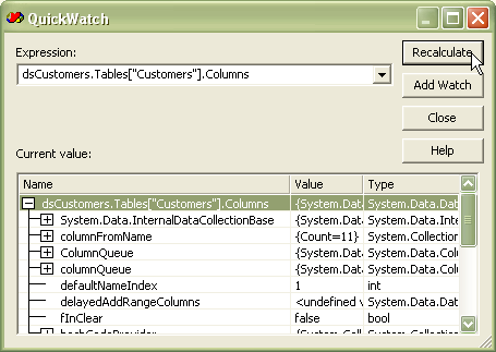  Окно QuickWatch. Коллекция Columns 