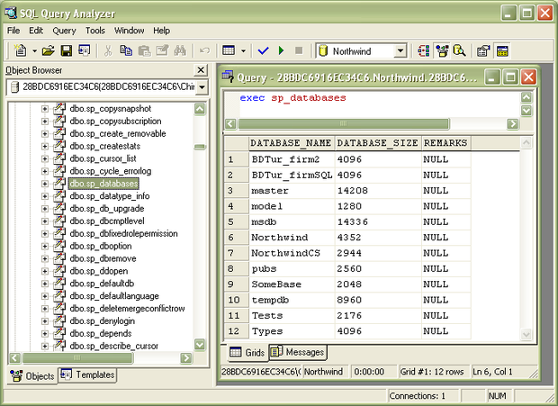 Программа SQL Query Analyzer. Выполнение запроса. Выделена процедура "sp_databases" 