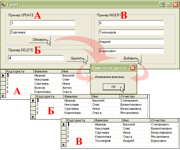  Готовое приложение ExamWinExecuteNonQuery. Таблицы взяты из SQL Server Enterprise Manager