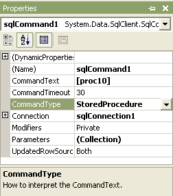 Настройка свойств объекта sqlCommand1 для вывода процедуры [proc10]