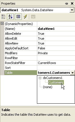 Определение таблицы объекта DataView 