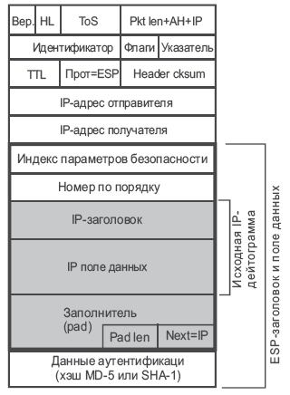 Структура VPN-пакета при использовании протокола ESP и аутентификации