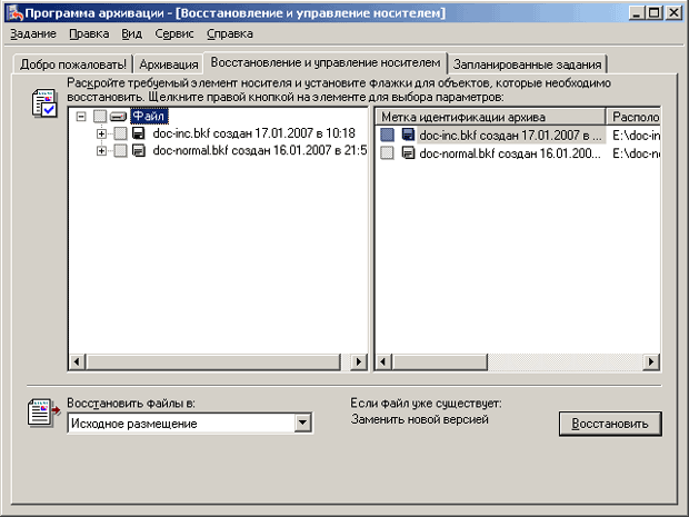 Вкладка "Восстановление и управление носителем" в окне программы Backup Windows