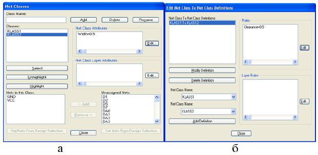 Закладка классов цепей и их атрибутов - а, закладка Class to Class команды Options/Design Rules - б