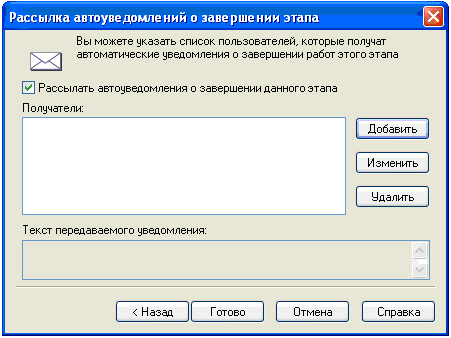 Окно "Рассылка автоуведомлений о завершении этапа"