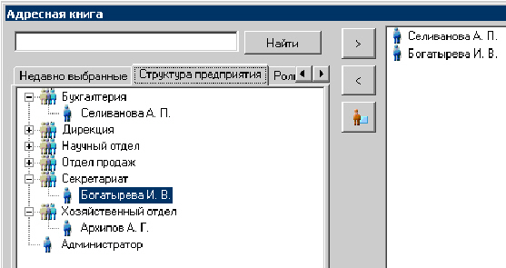 Адресная книга для выбора исполнителей поручения