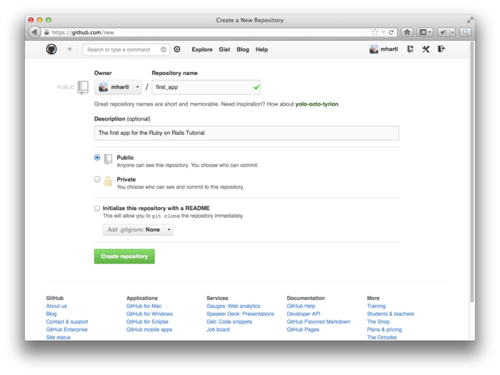 Создание репозитория для первого приложения на GitHub.