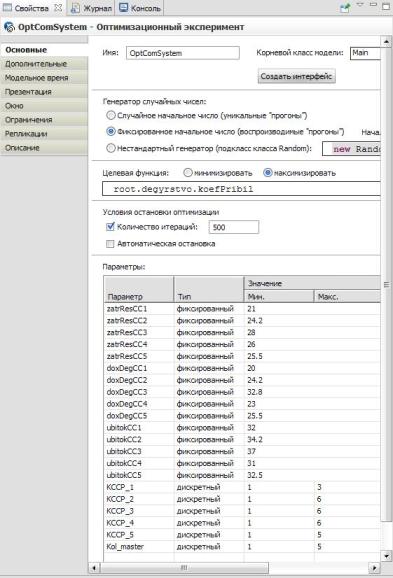 Вкладка Основные оптимизационного эксперимента