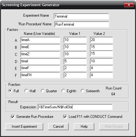 Диалоговое окно (заполненное) Screening ExperimentGenerator (Генератор отсеивающего эксперимента)