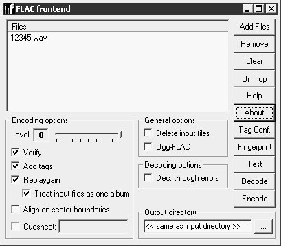 Окно FLAC Frontend 