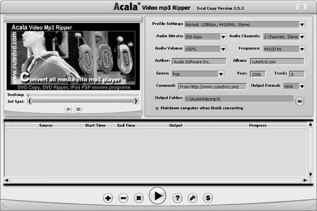 Главное окно Acala Video MP3 Ripper
