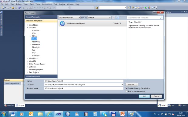 Создание проекта WindowsAzureProject4 типа Windows Azure Project