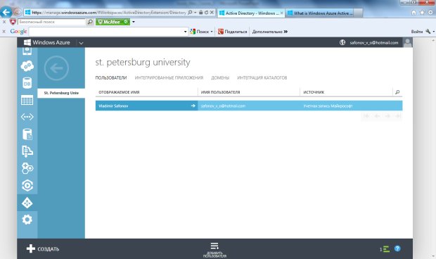 Пользователи внесенные в каталог Windows Azure Active Directory
