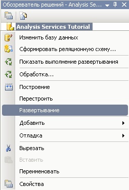  Контекстное меню проекта Analysis Services Tutorial в 