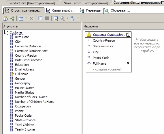 Вкладка "Структура измерения" для измерения "Customer"