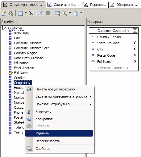  Контекстное меню атрибута "Geography"