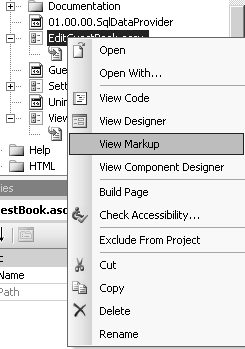Контекстное меню файла EditGuestBook.ascx