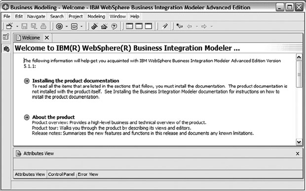 Двухпанельная раскладка WebSphere Business Integration Modeler
