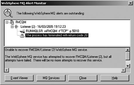 Предупреждение в WebSphere MQ Alert Monitor
