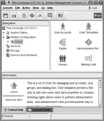 Окно Solaris Management Console