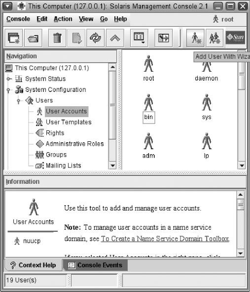 Управление учетными записями с помощью Solaris Management Console (smc)