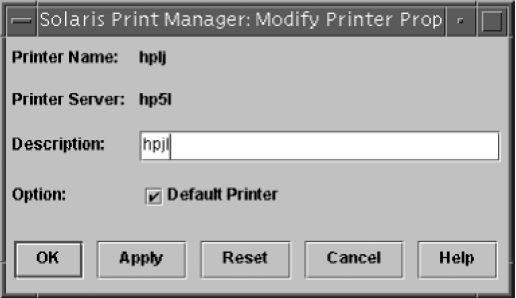 Окно "изменить свойства принтера" в Solaris Print Manager