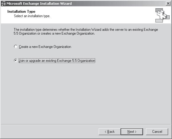  Выбор установки Exchange Server 2003 в организацию Exchange 5.5
