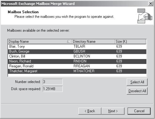 Выбор почтовых ящиков для слияния с помощью мастера Exmerge