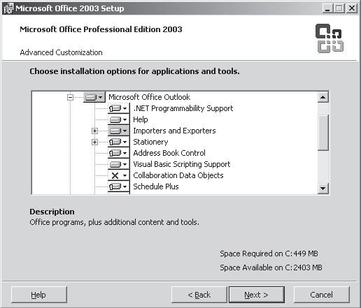 Выбор устанавливаемых компонентов Outlook 2003