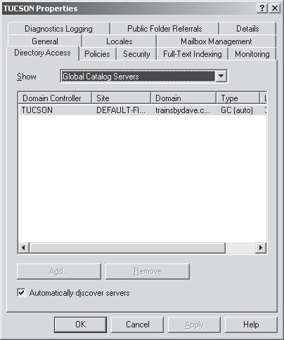 Вкладка Directory Access в свойствах сервера 