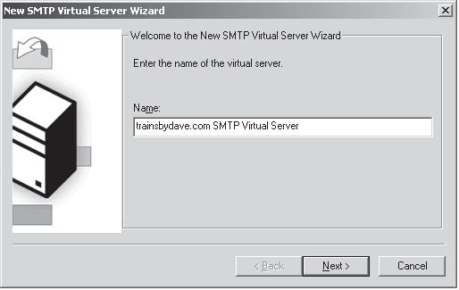 Первое окно мастера нового SMTP-сервера, в котором указывается имя виртуального сервера 