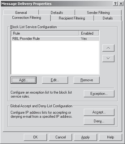  Вкладка Connection Filtering (Фильтрация соединения) в свойствах объекта Global Settings/Message Delivery (Глобальные настройки/ Доставка сообщений)