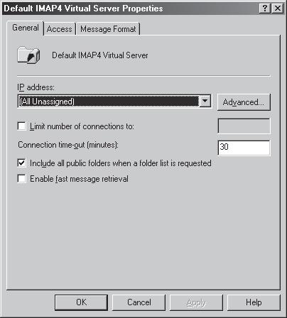  Страница свойств используемого по умолчанию виртуального сервера IMAP4