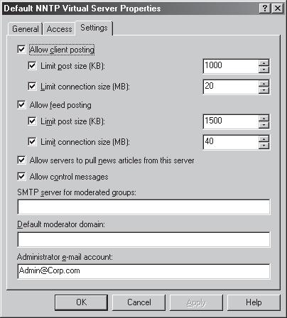  Вкладка Settings страницы свойств виртуального сервера NNTP 