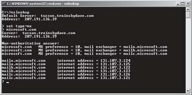 Использование утилиты NSLookup для нахождения открытых записей MX для домена Microsoft.com