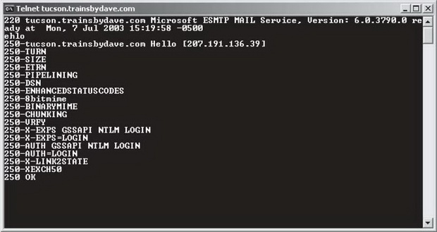 Открытие сеанса соединения Telnet с сервером Tucson, на котором работает Exchange Server 2003
